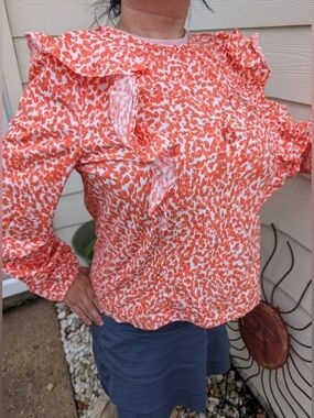 Marie Oliver Orange and White Ruffle-Trim Blouse